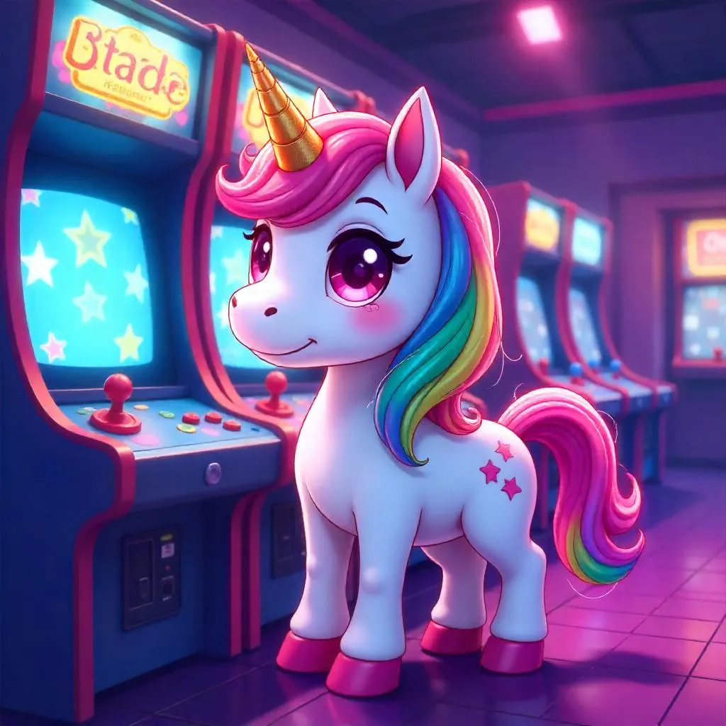 Neon Arcade Unicorn in Anime Style