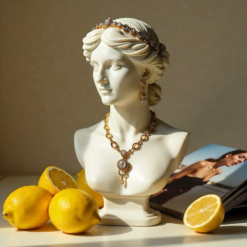 Lemon Still Life with Marble Bust and Jewelry