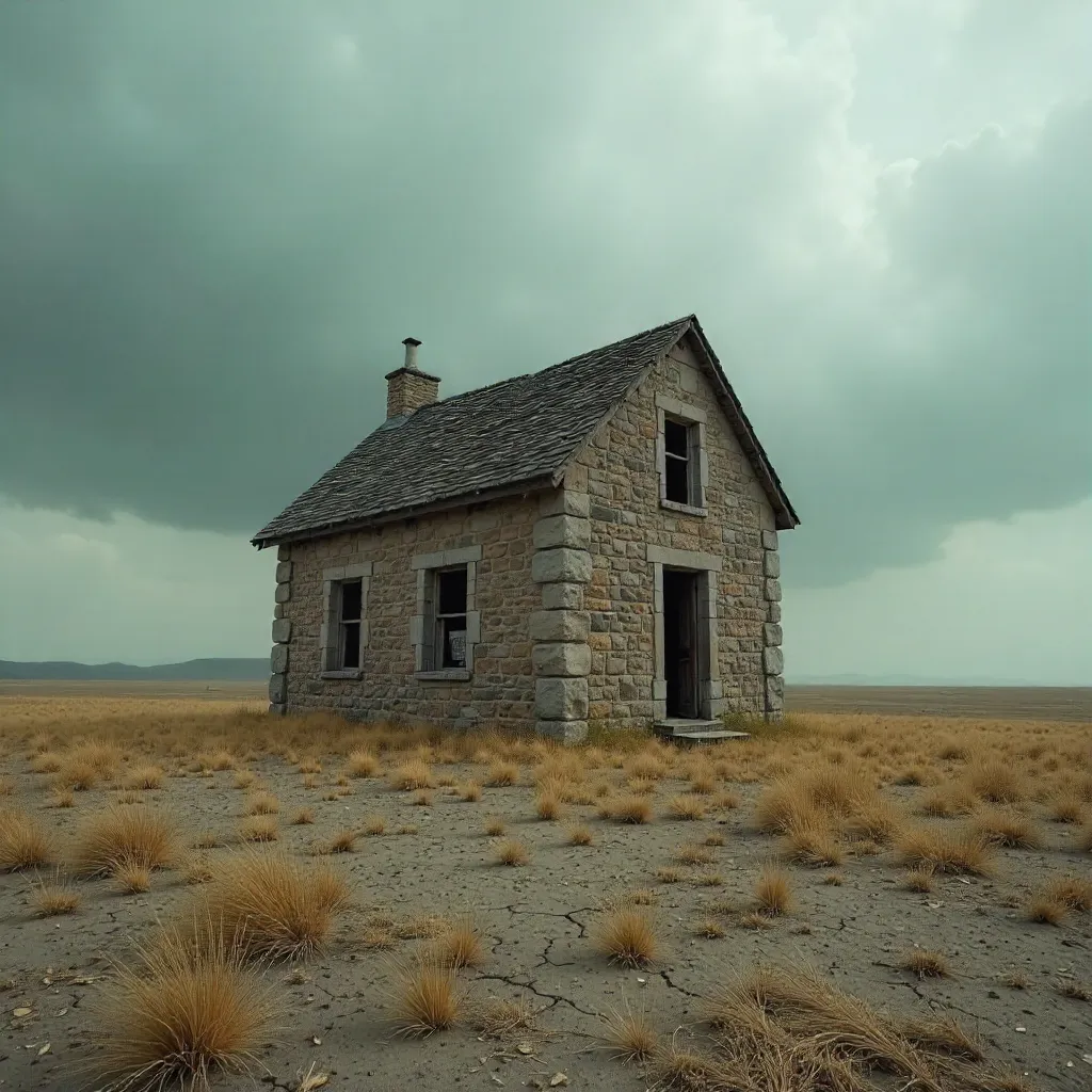 Abandoned Stone House in a Desolate Field