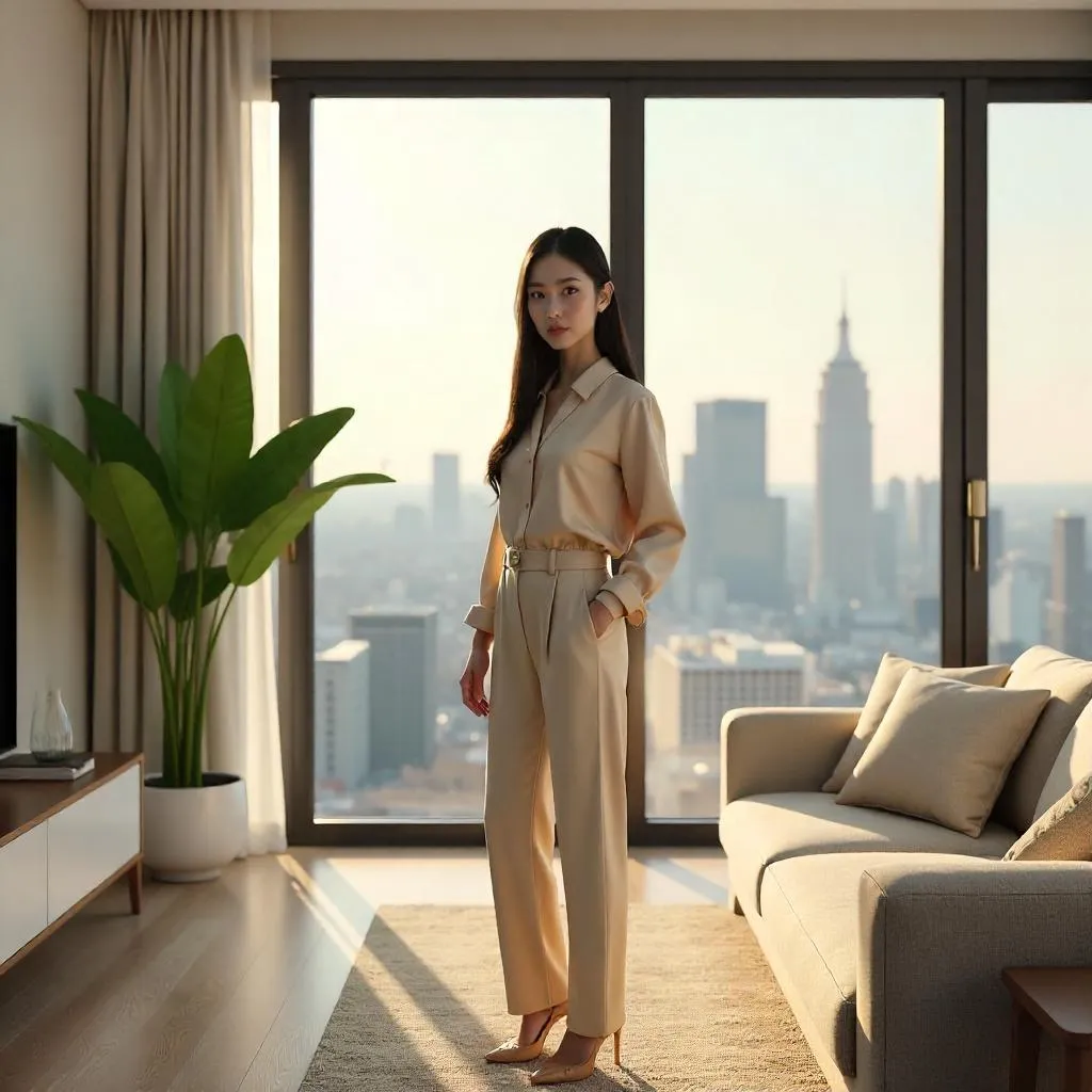 Radiant Asian Woman in a Modern Apartment - 3D Render