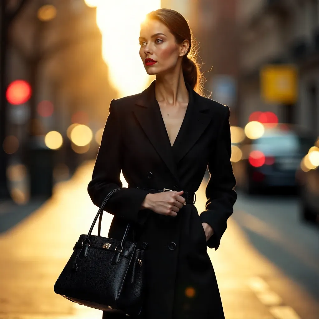 Elegant Woman in a Black Coat with Designer Handbag