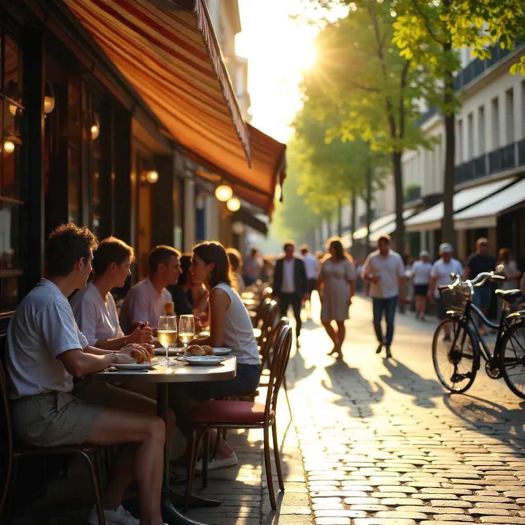 Sunlit Parisian Outdoor Café: Dining and Bicycles