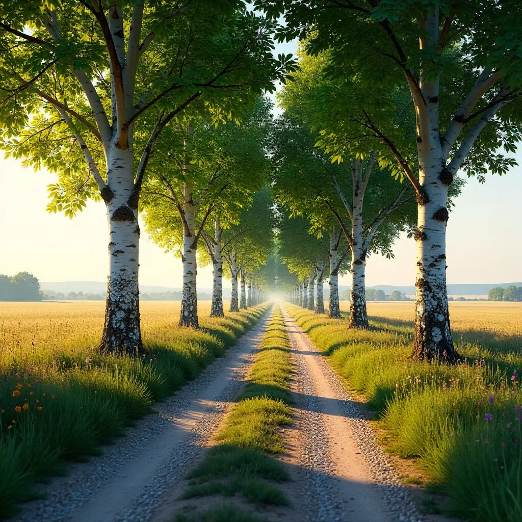 Birch-Lined Rural Lane to the Distant Horizon
