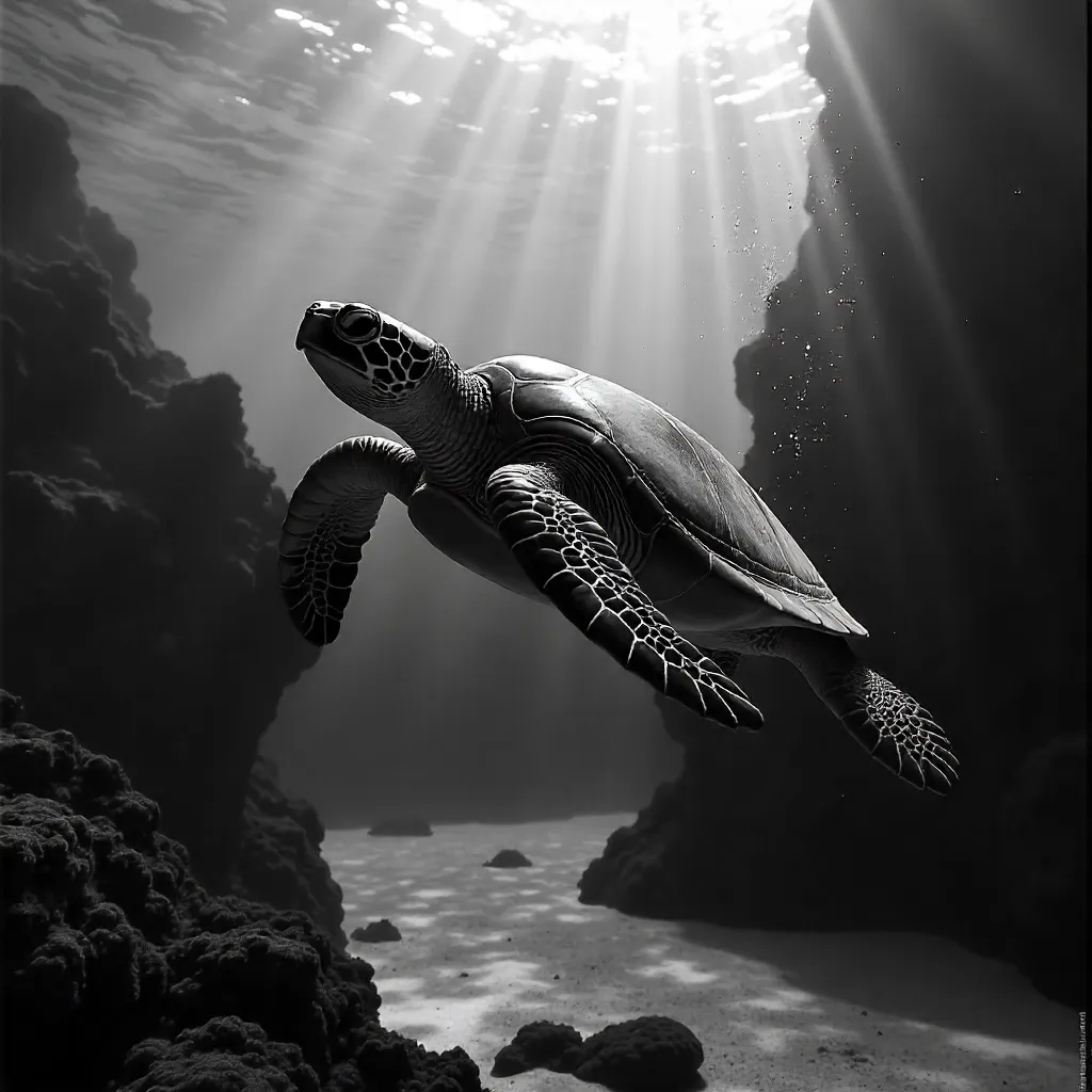 Monochrome Grace: Sea Turtle Underwater