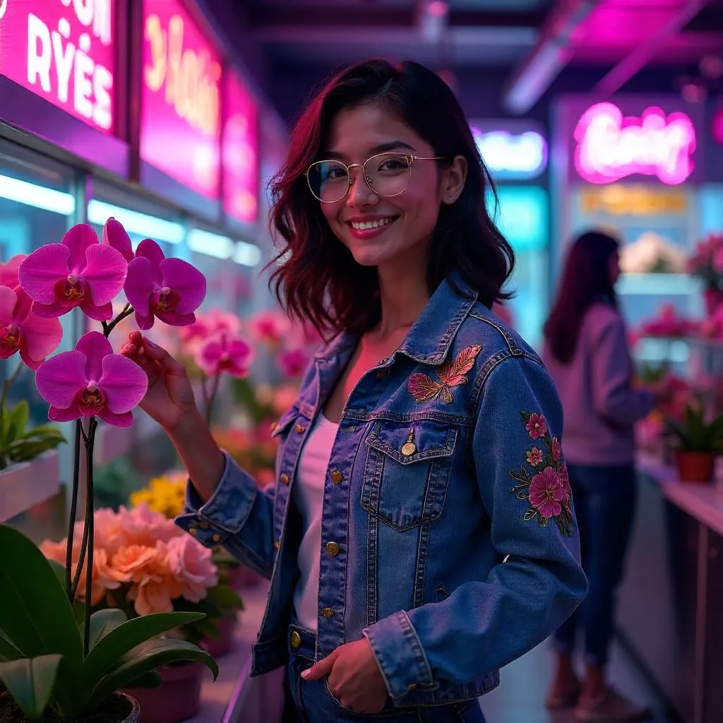 Cheerful Latina in a Neon Flower Shop