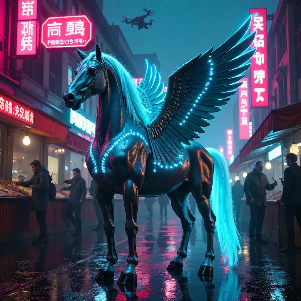 Neon Pegasus in a Cyberpunk Marketplace