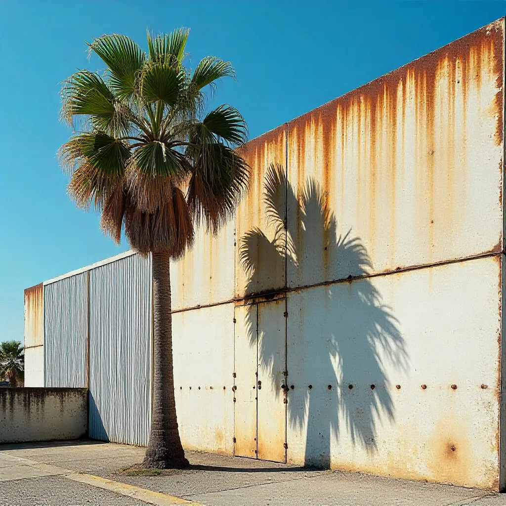 Lone Palm Shadow on Industrial Facade at Noon