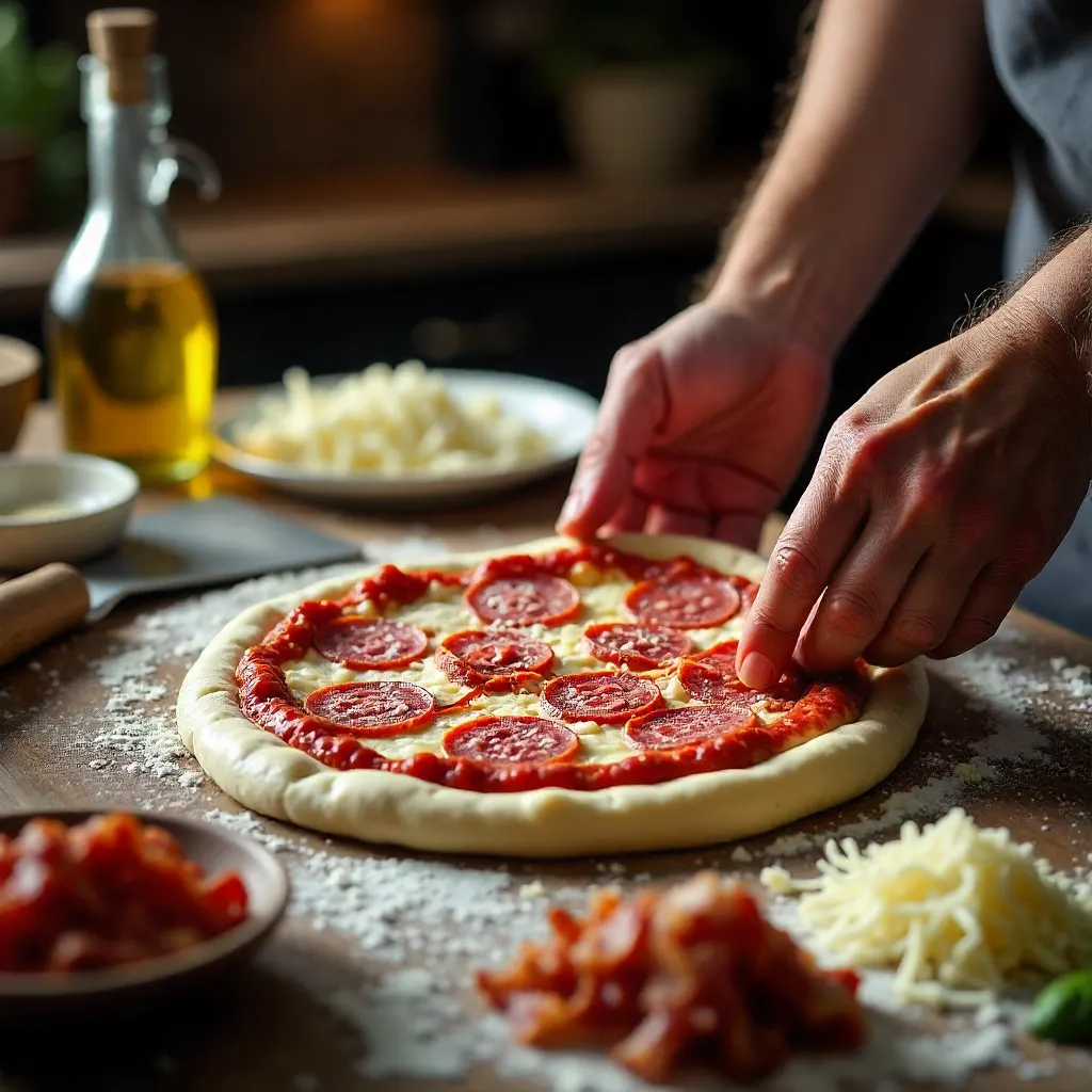 Fresh Pizza Dough Prep with Tomato Sauce and Meats