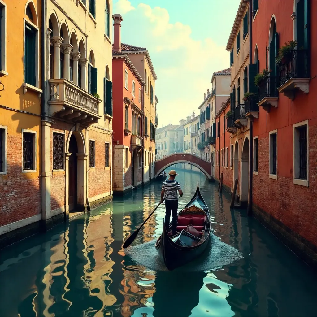 Sunlit Venetian Canal with Historic Palazzi and Gondola