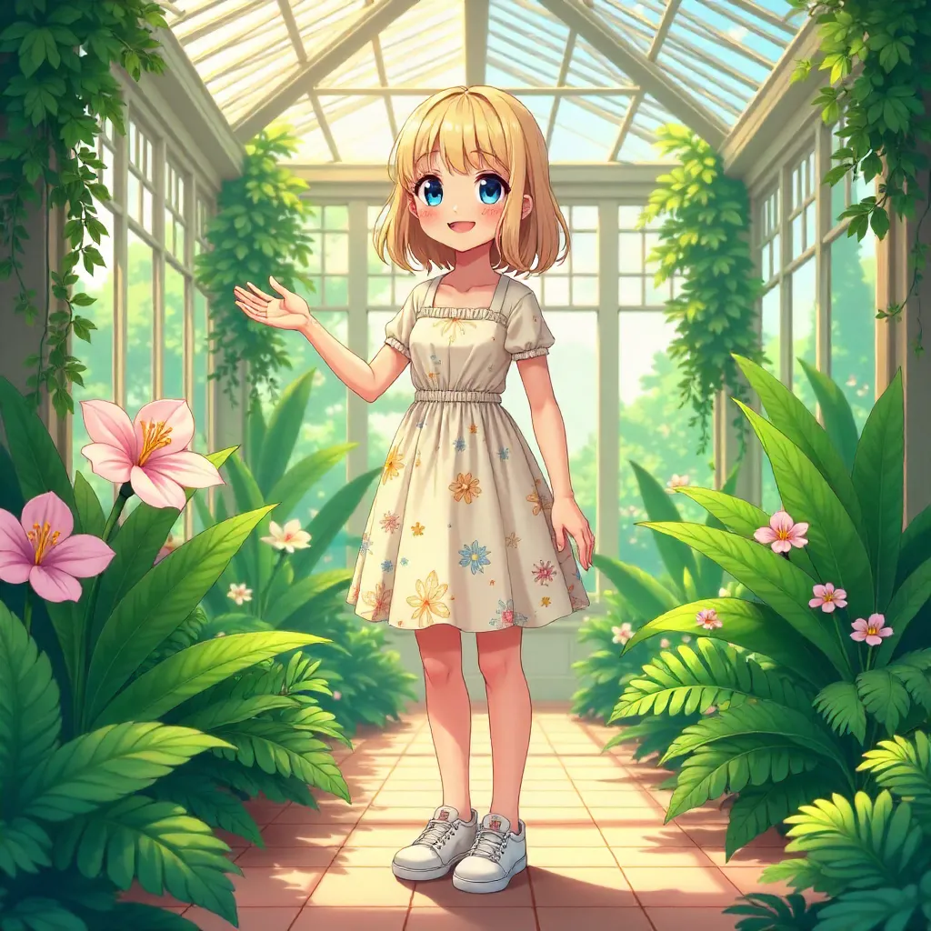 Cheerful Anime Girl in a Sunlit Conservatory