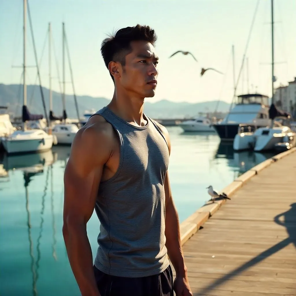 Athletic Asian Man at a Serene Marina