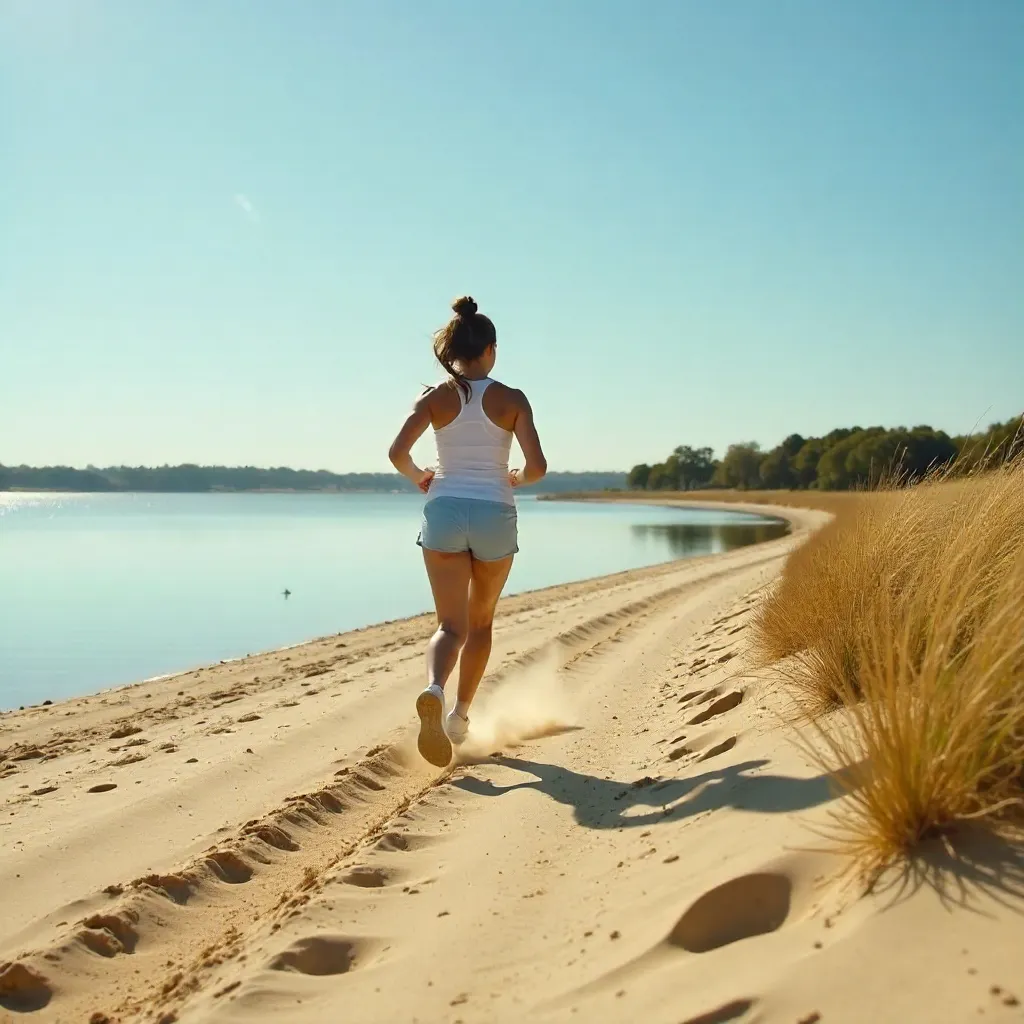 Woman Running Toward a Tranquil Lake in Drouwen