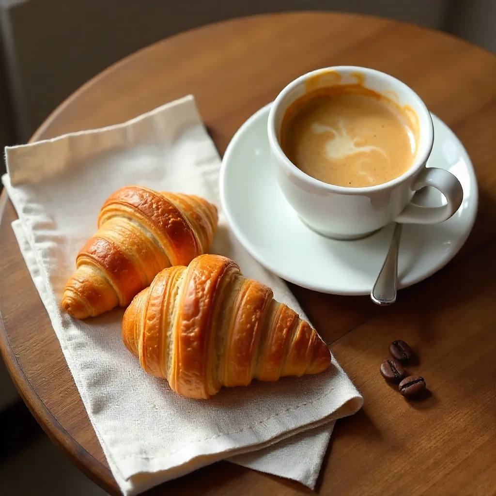 Top-View Breakfast: Croissants and Coffee