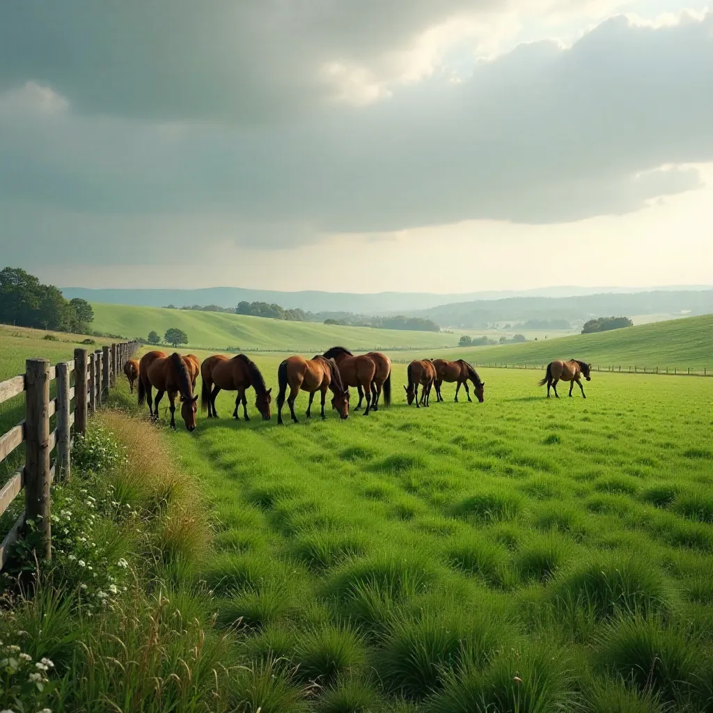 Brown Horses Grazing Across a Vast Cloudy Farmland