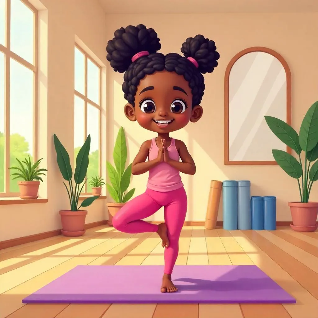 Cheerful Cartoon Black Girl in Yoga Studio