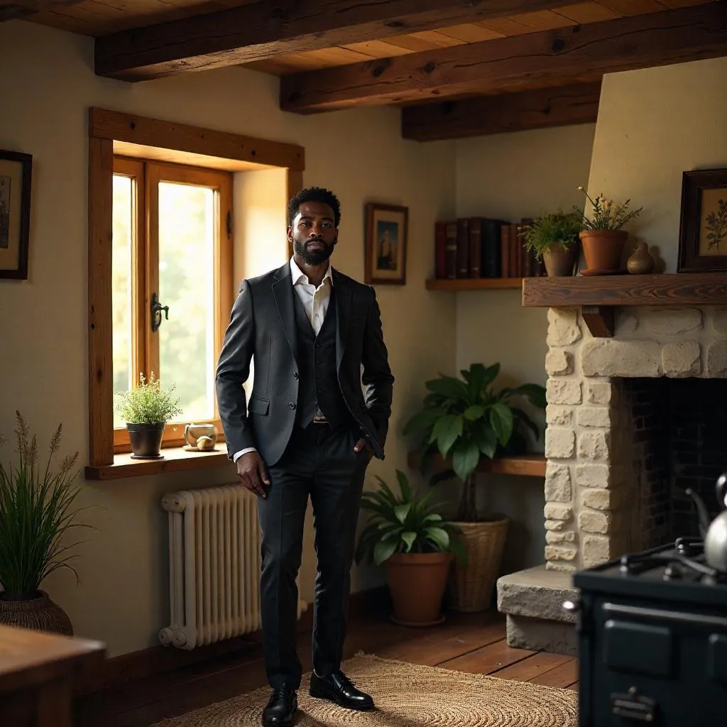 Elegant Black Man in a Cozy Cottage