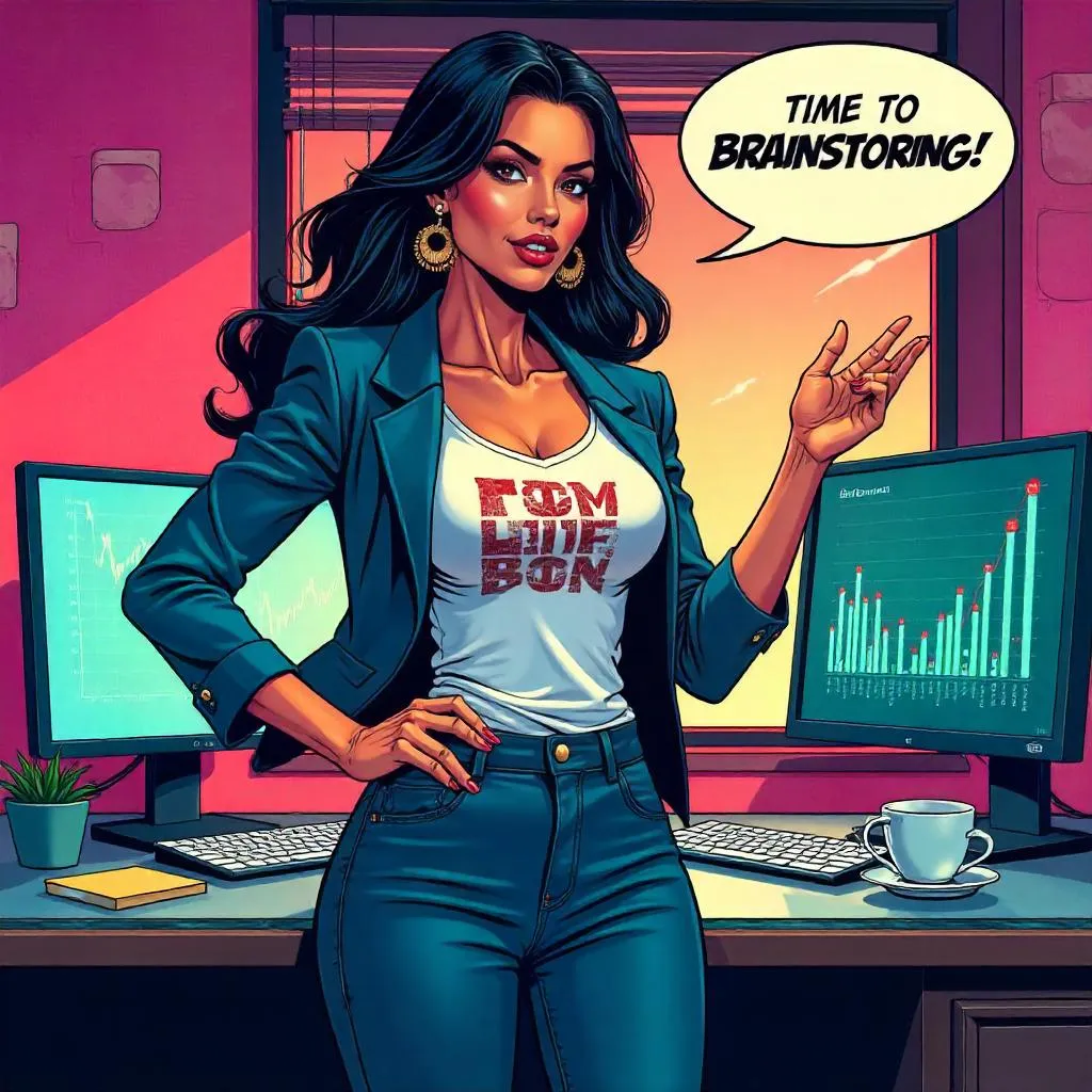 Latina Boss in a Bold Comic Workspace