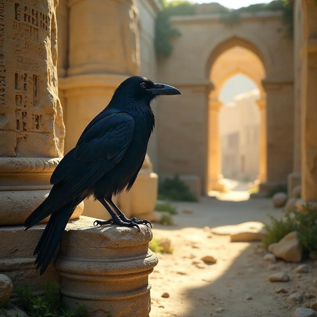 Raven in Ancient Ruins, Photoreal Scene