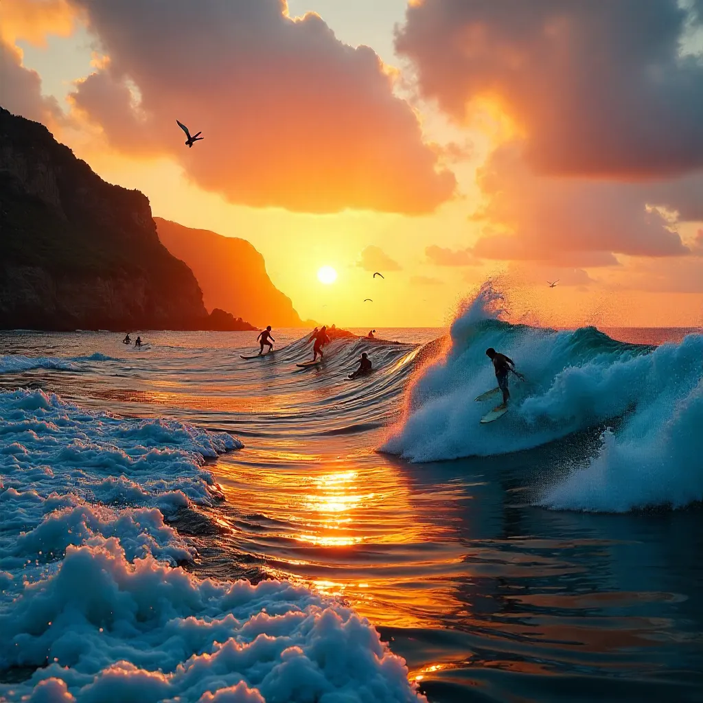 Golden Hour Surf: Surfers Ride Sunset Waves