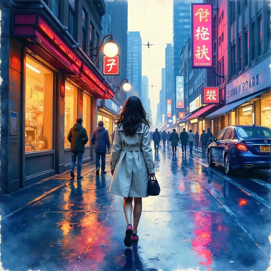 Watercolor Portrait of a Young Asian Woman on a City Street