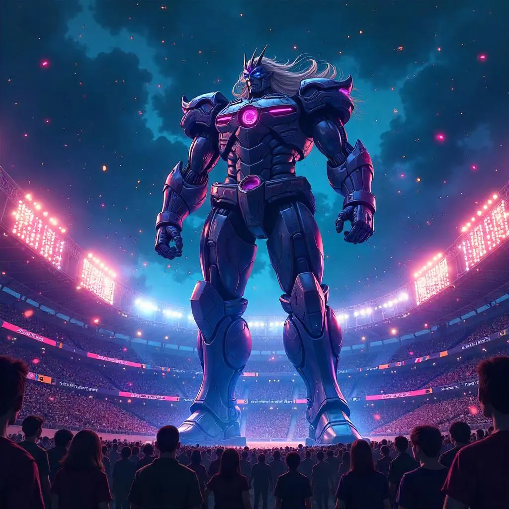 Giant Anime Titan Over a Packed Stadium at Night