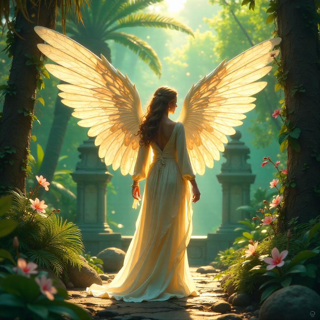 Angelic Sentinel in a Luminous Botanical Garden