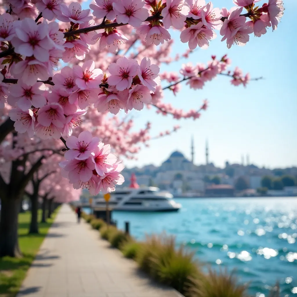 Cherry Blossoms Over Istanbul Skyline in Bloom