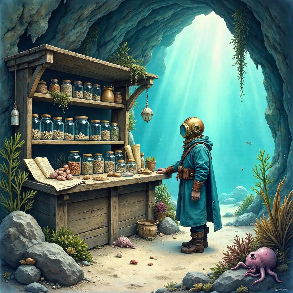 Underwater Cave Merchant in Watercolor
