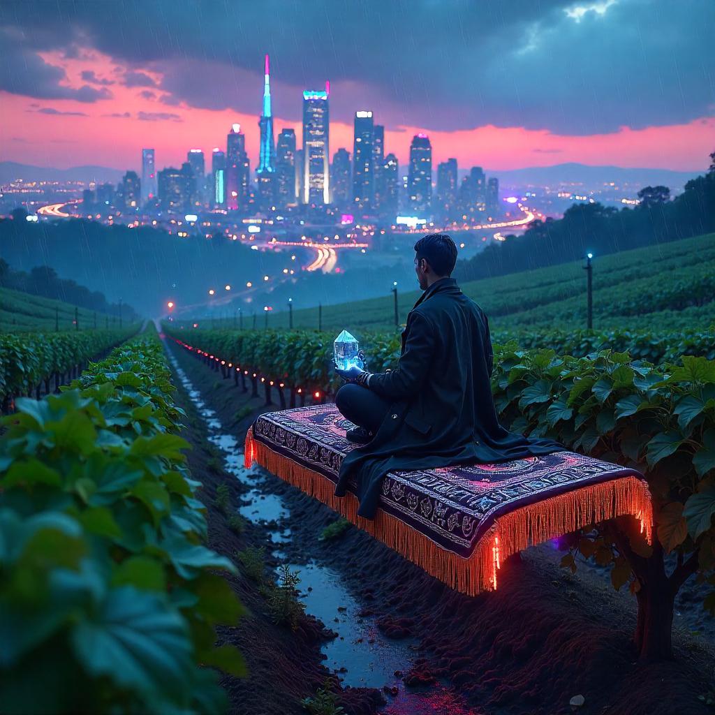 Neon Vineyard Flight on a Floating Cyber Carpet