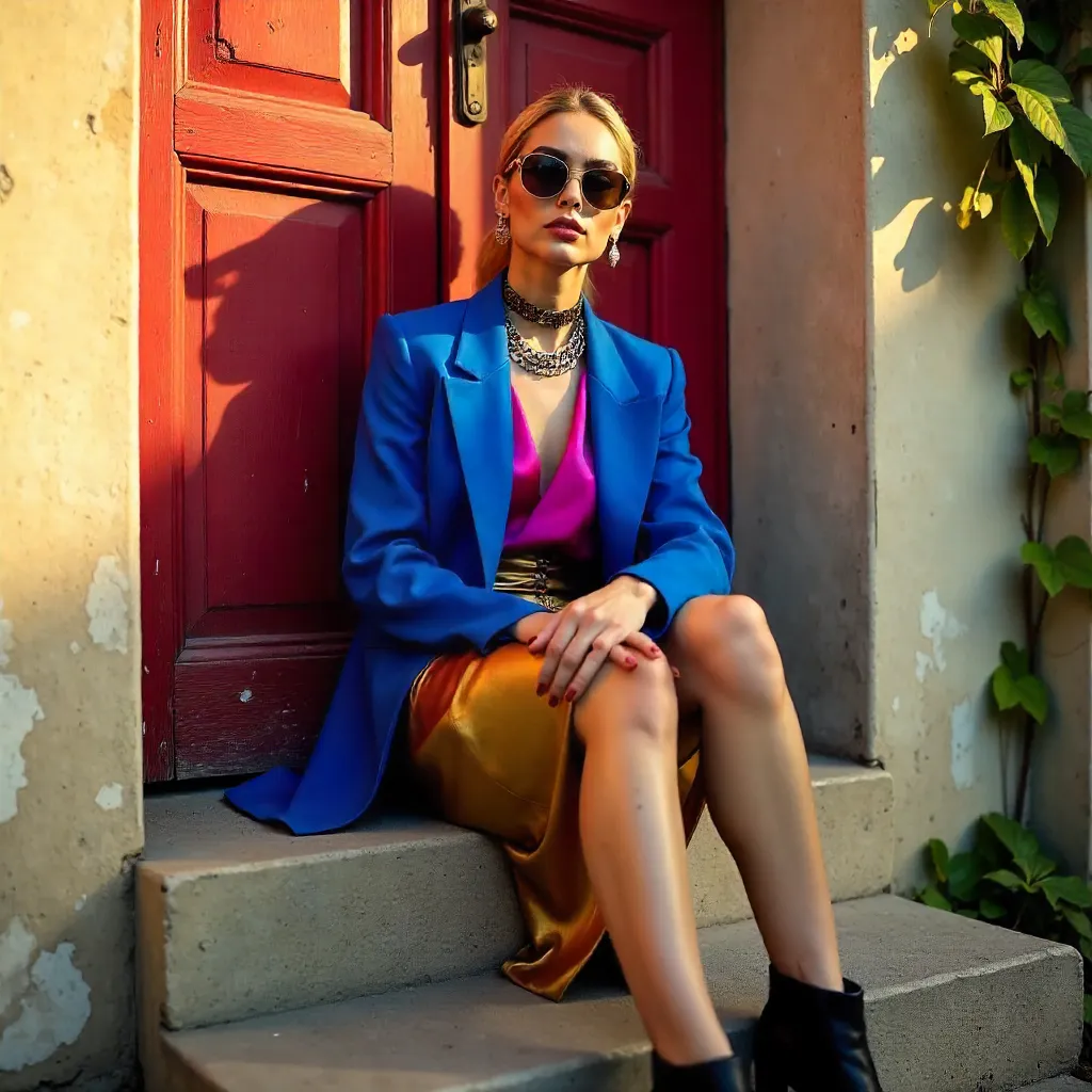 Vibrant Fashion by a Worn Red Door