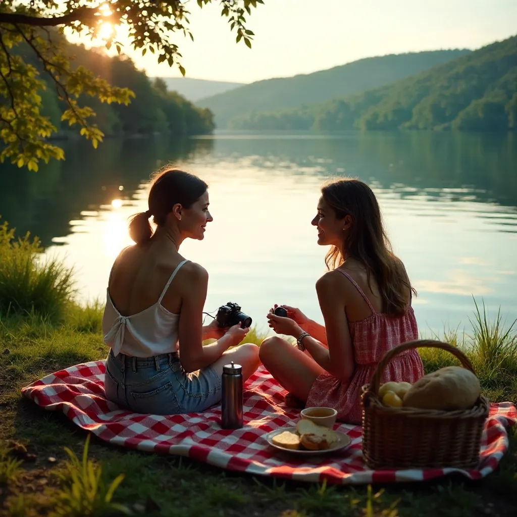 Lakeside Picnic: Two Friends with Camera and Food