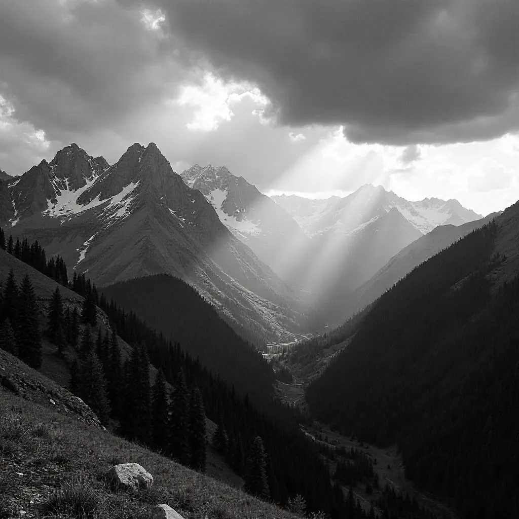 Monochrome Talgar Peaks: Rugged Kazakh Valleys