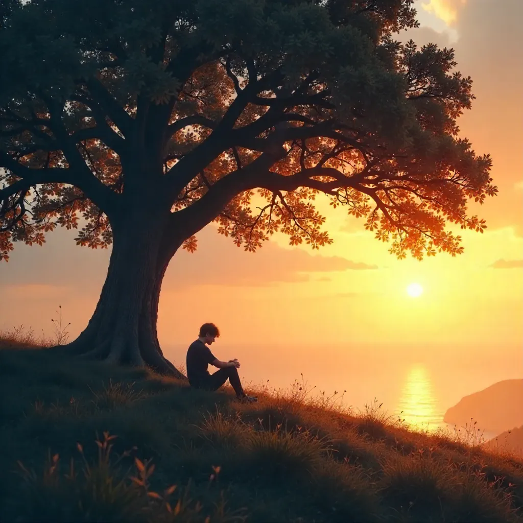 Solitary Reflection Under the Sunset Tree