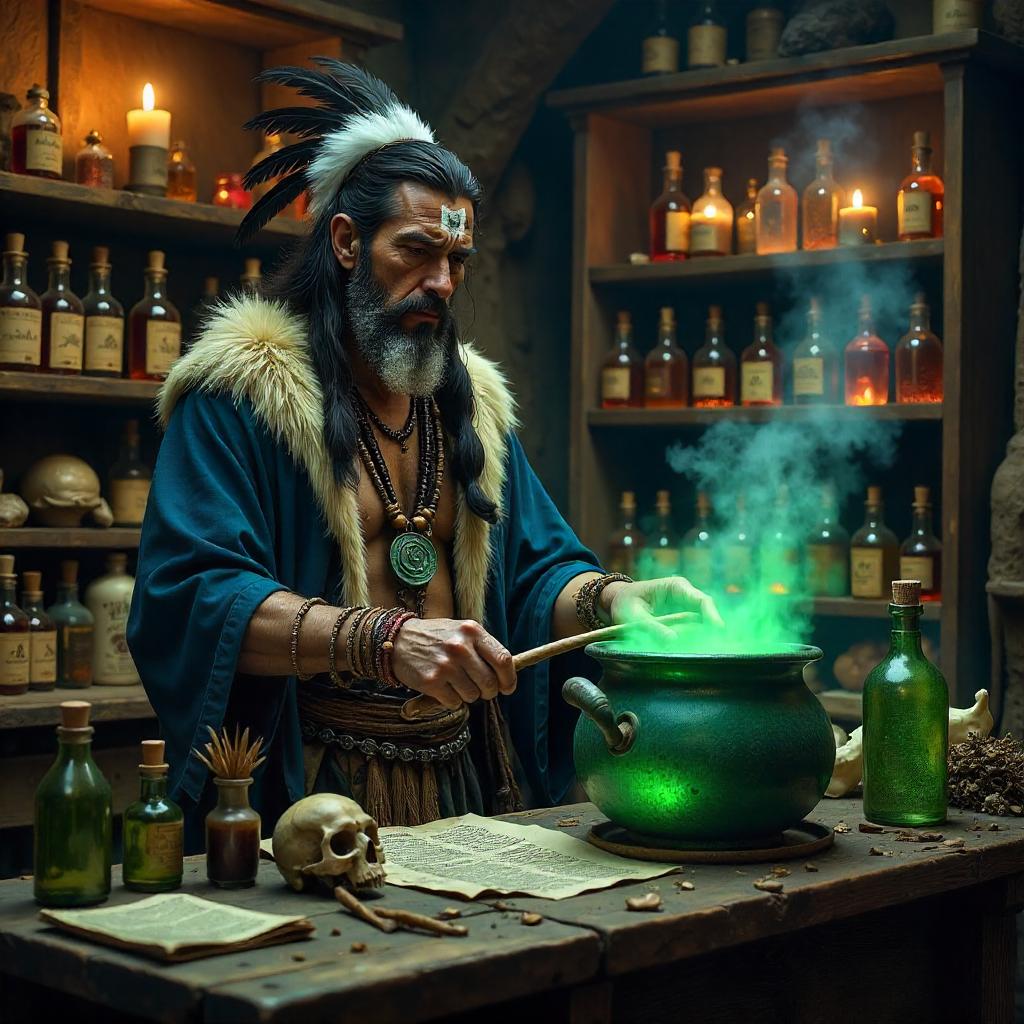 Photorealistic Shaman in a Potion Shop