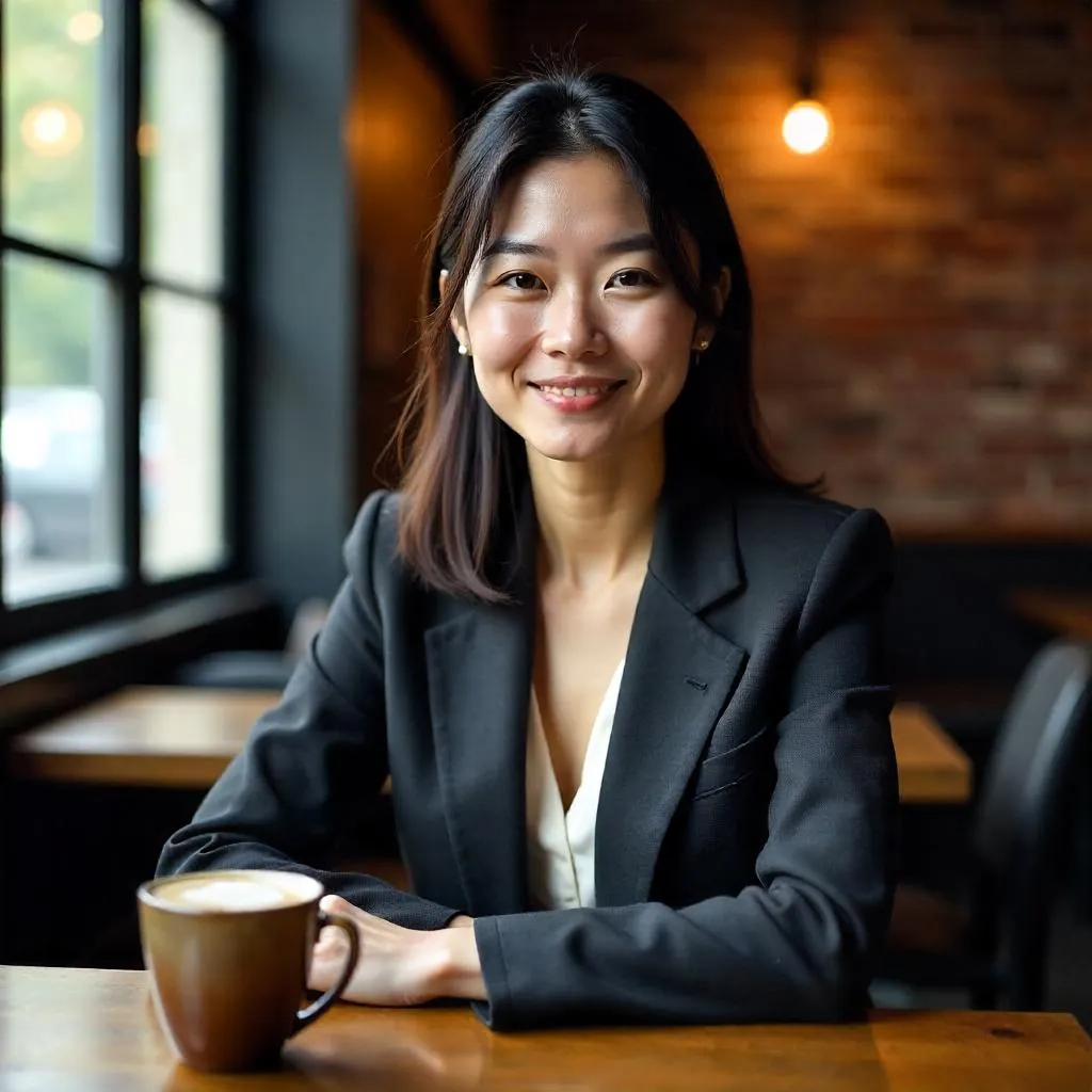 Confident Asian Woman in a Photorealistic Café
