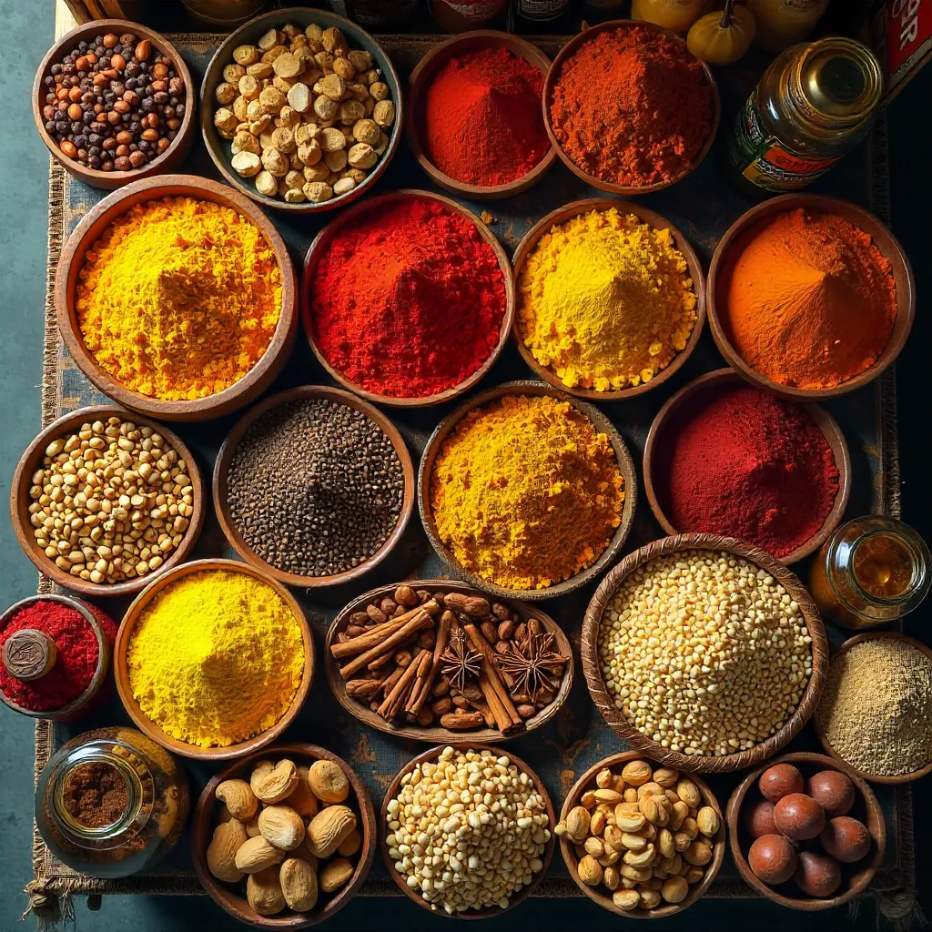 Vibrant Top-Down Market Stand: Spices and Nuts