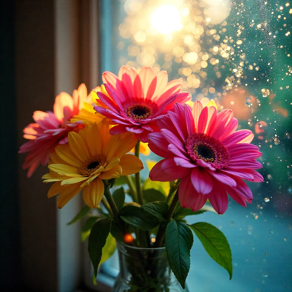 Vibrant Bloom Through Frosted Glass
