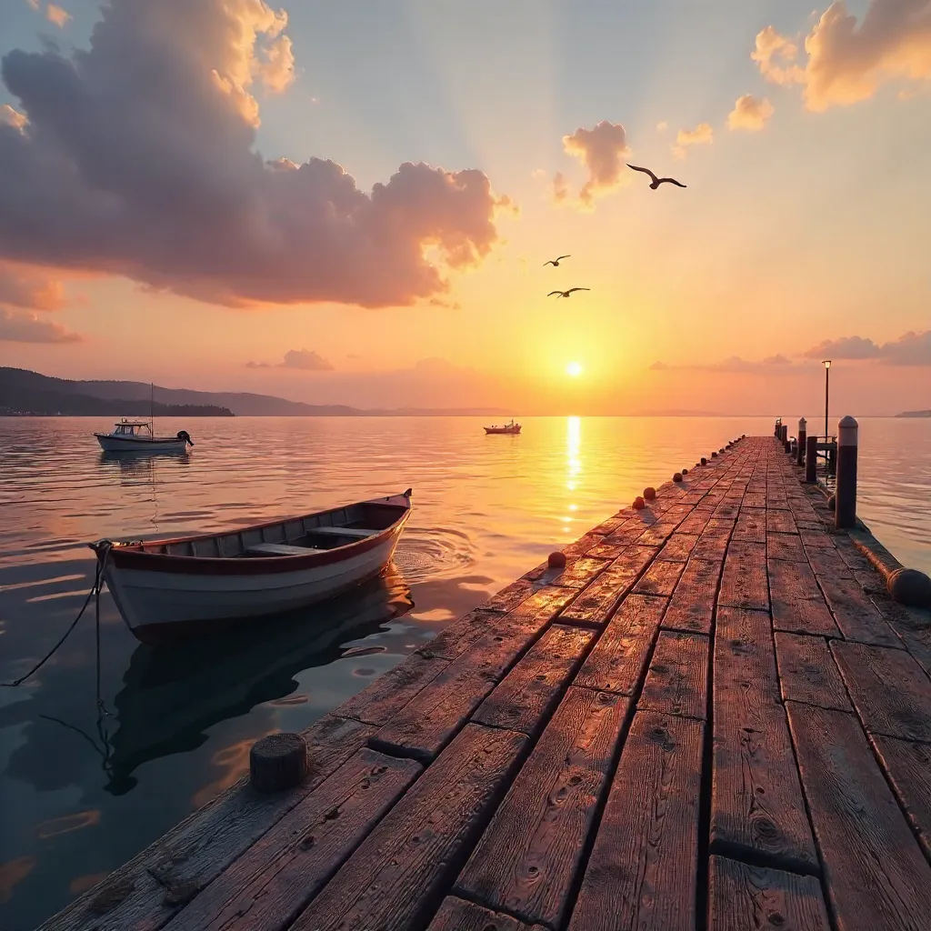 Sunset at the tranquil dock with boats