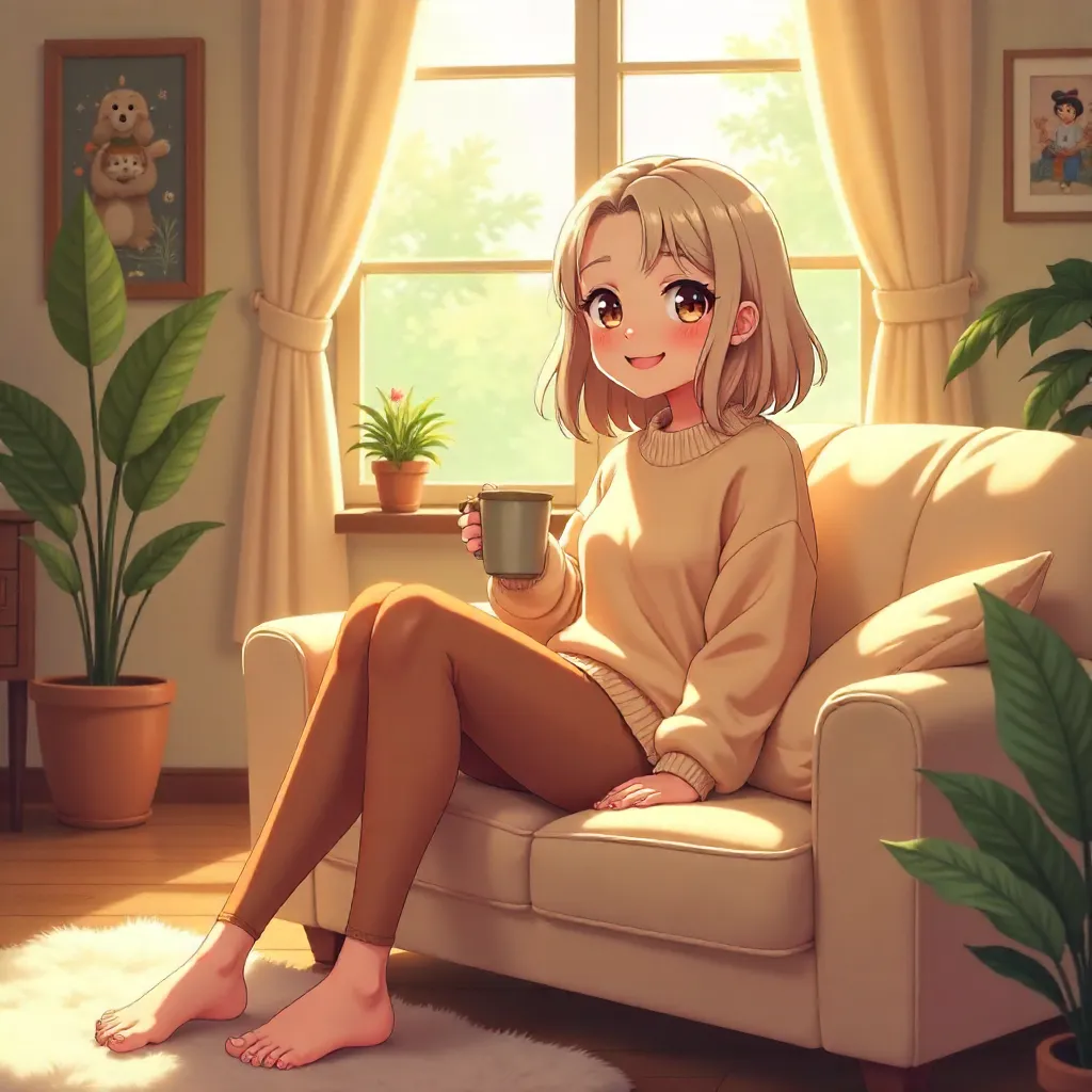 Cheerful Anime Girl at Home in Cozy Room