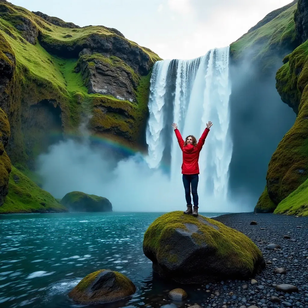 Joyful Moment by an Icelandic Lush Waterfall