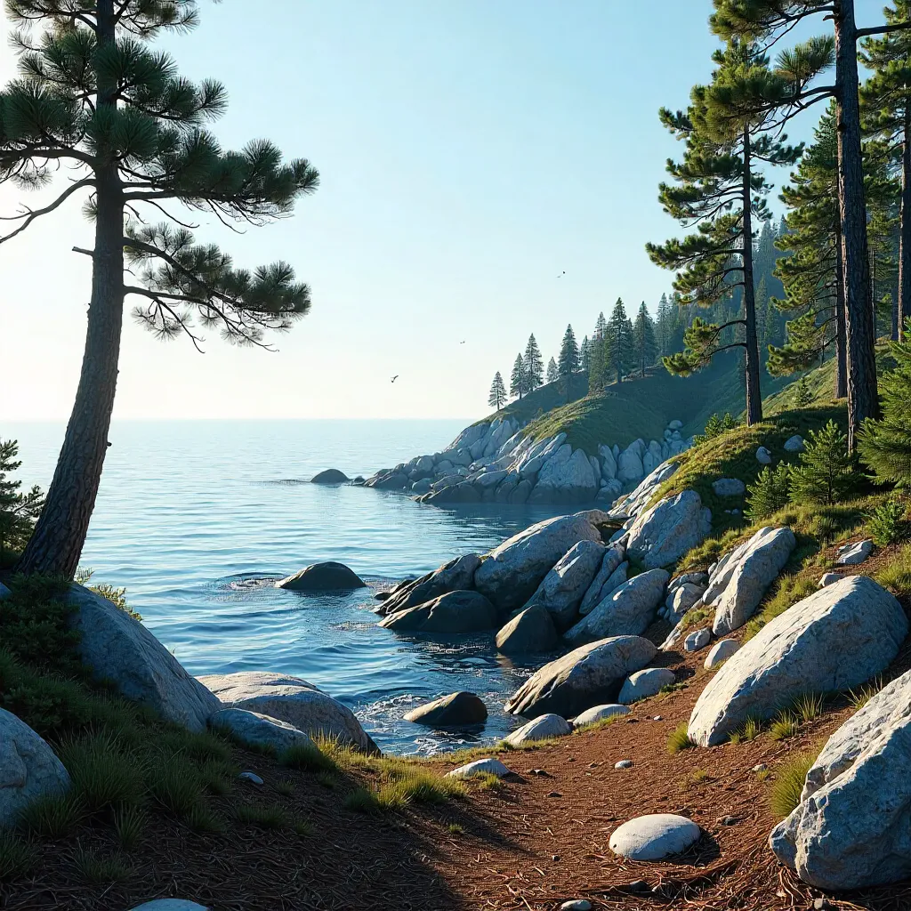 Peaceful Pines Over Rocky Shore and Calm Sea