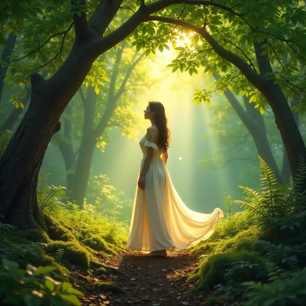 Beneath Leafy Canopy: Woman in White Dress