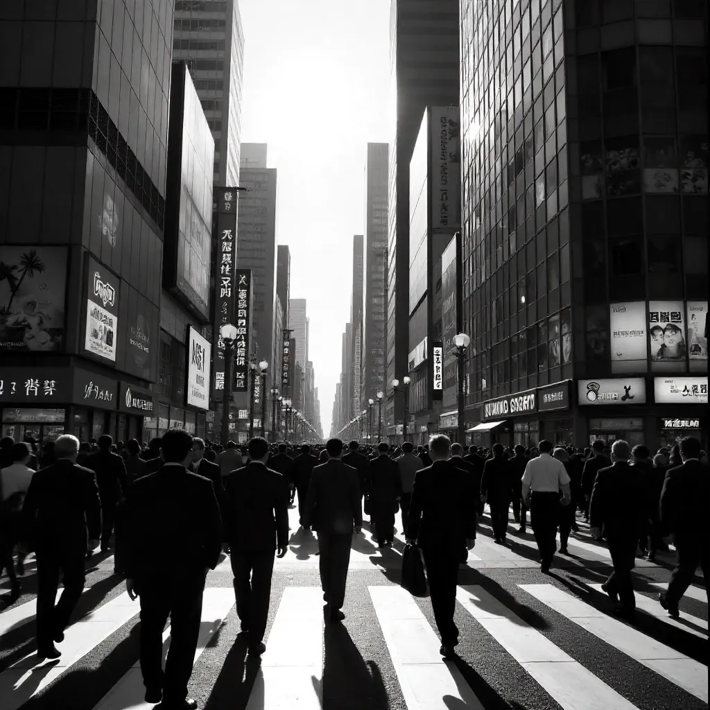 Monochrome Tokyo Street: Crowds, Glass Towers, Motion