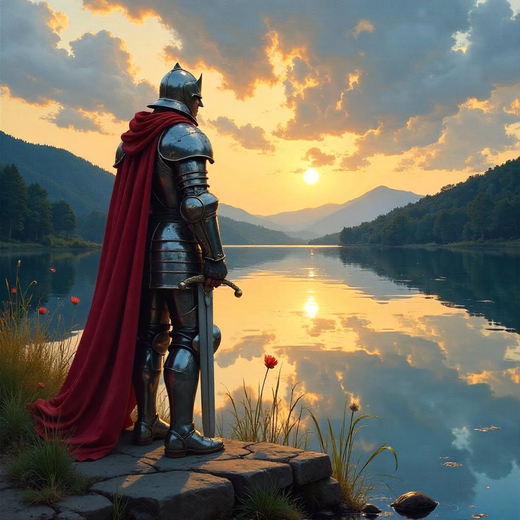 The Paladin by the Lake: An Oil Painting