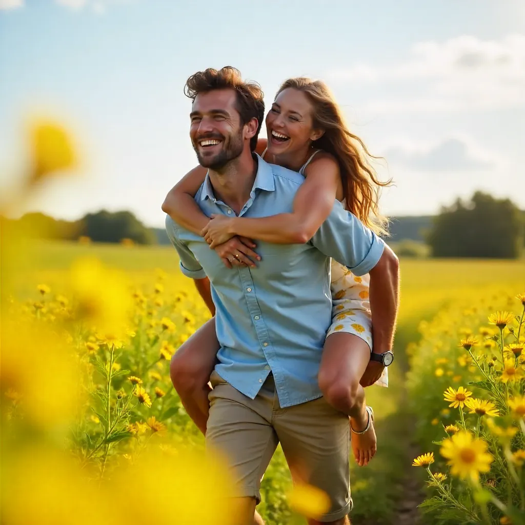 Joyful Piggyback Ride in a Yellow Meadow