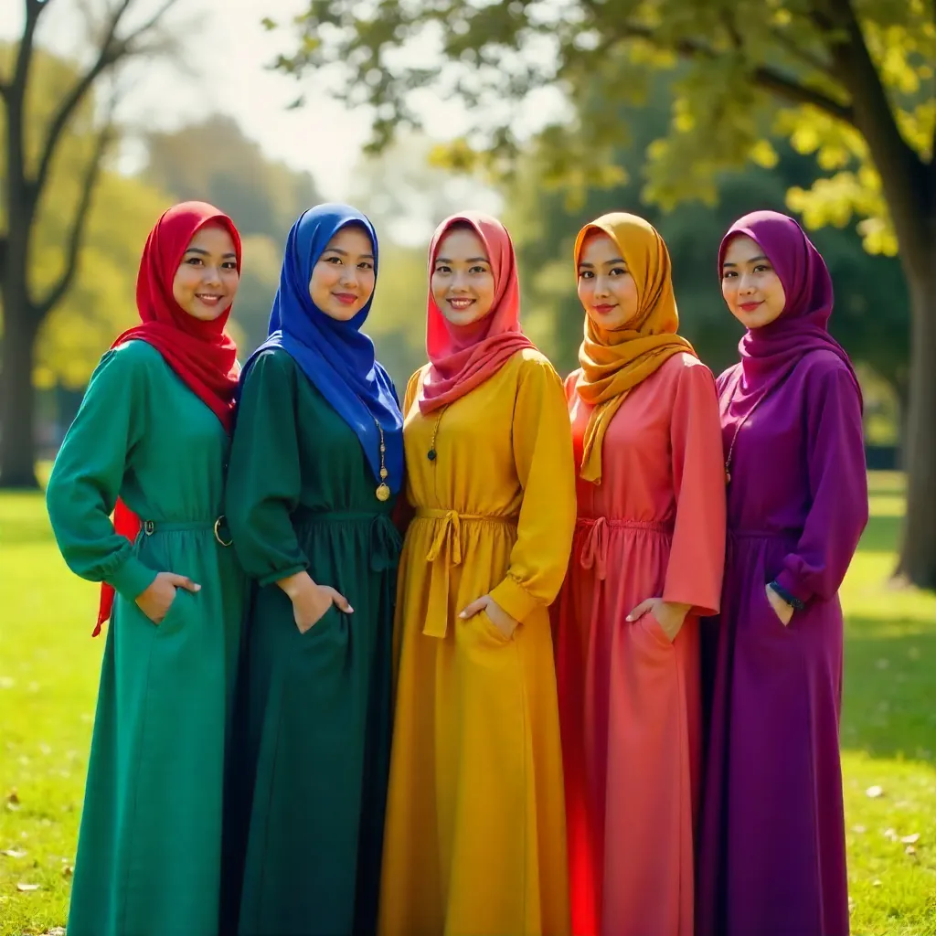Five Confident Women in Colorful Hijabs Outdoors