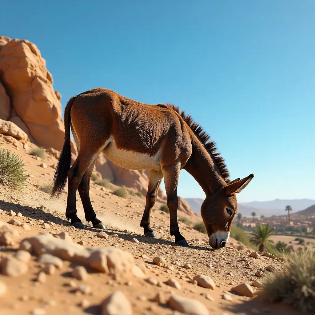 Donkey Grazing on a Moroccan Rocky Hillside