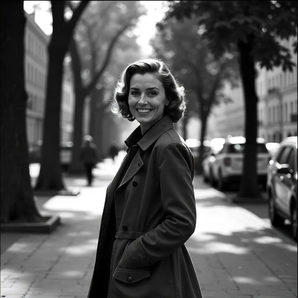 Smiling Woman in Trench Coat on a Tree-Lined Street