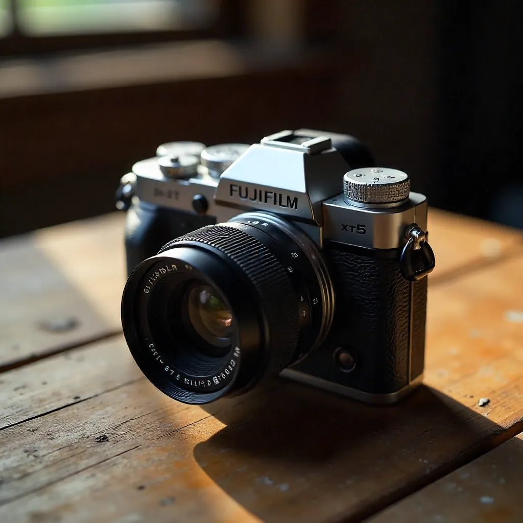 Close-Up on Fujifilm X-T5 on Rustic Wood Table