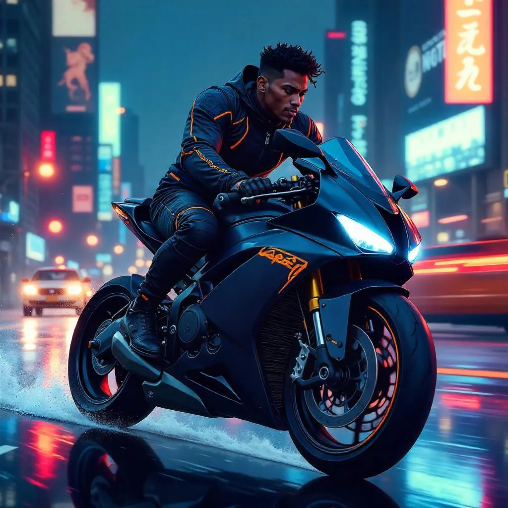 Apex Rider: Anime-Style Black Man on a Motorcycle